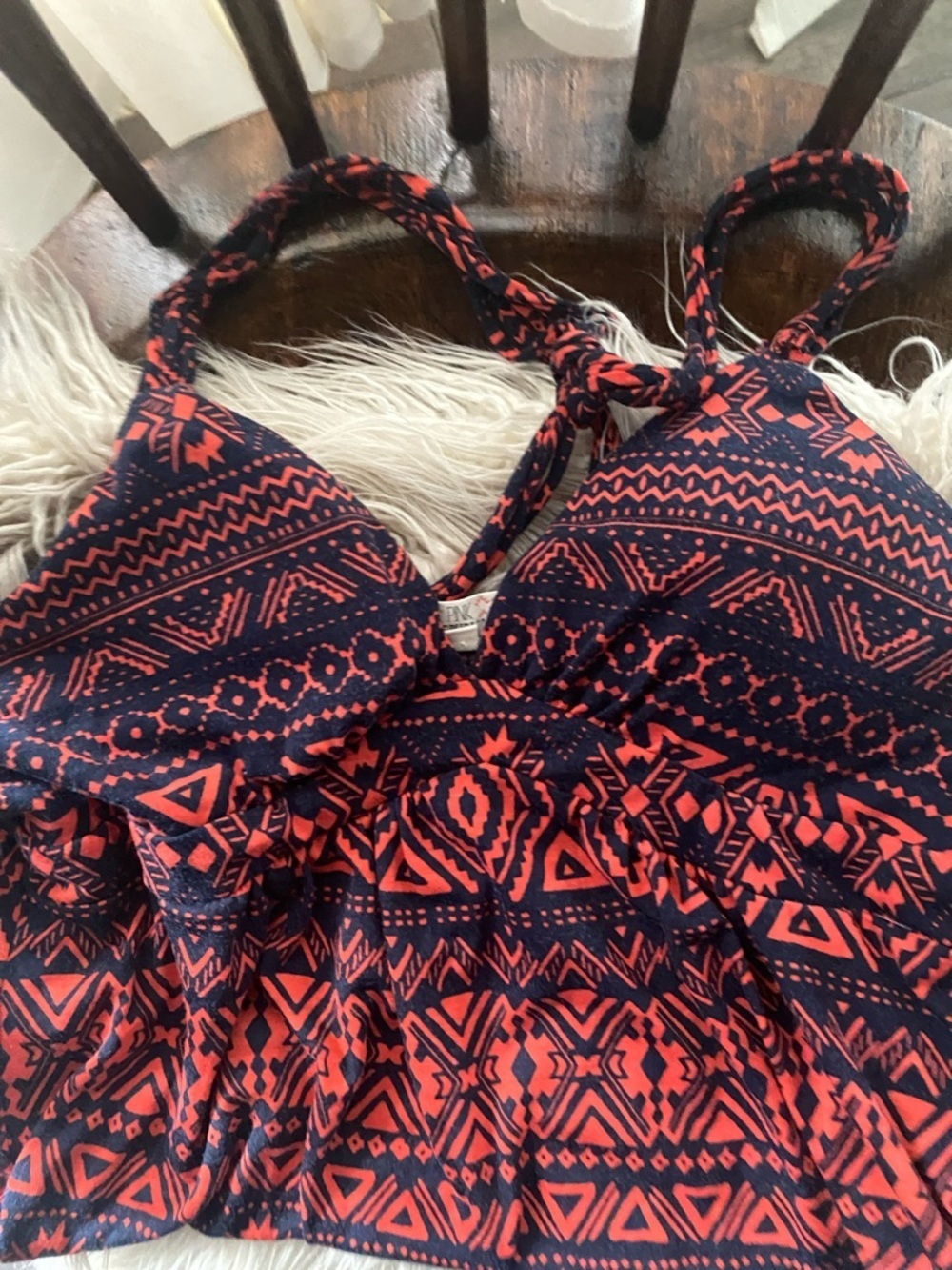 Pink Republic Navy and Coral Tribal Print Top, Empire Waist, Racerback, Size M - Picture 3 of 5